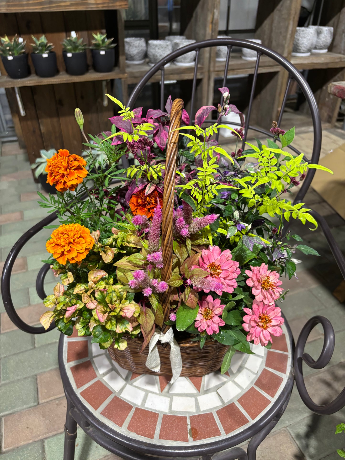 秋色のカゴ寄せ植え